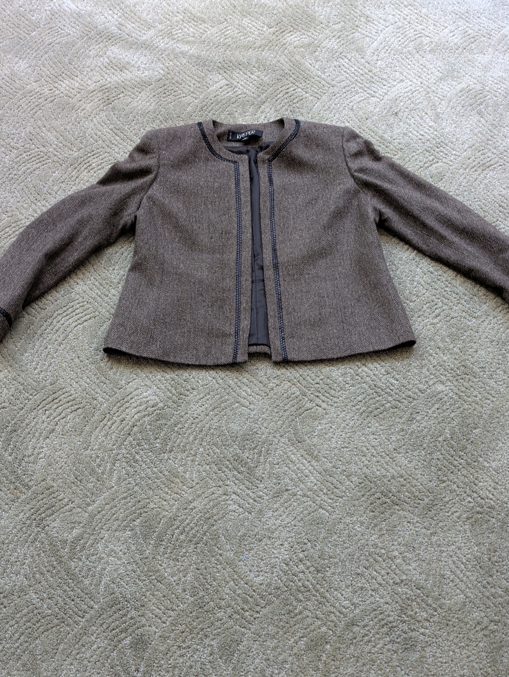 Kasper Brown Collarless Tweed Suit Jacket with Trim